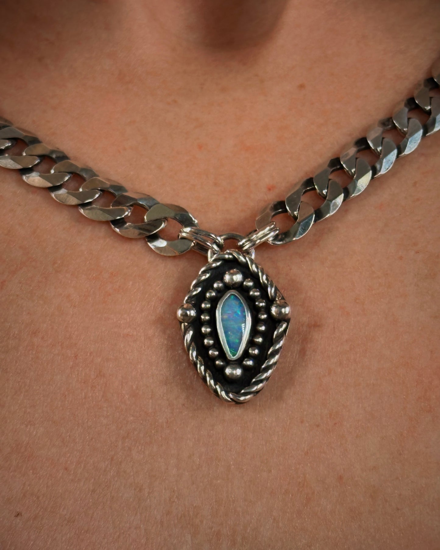 Opal Shield + Curb Chain Necklace