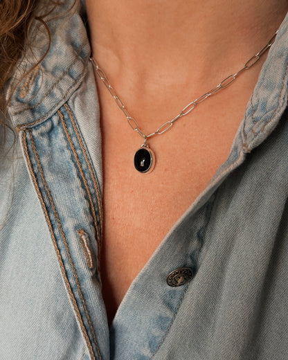 Black Onyx Charm Necklace Oval {16.25" Chain}