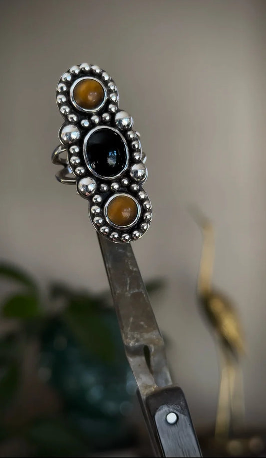 Black Onyx + Tigers Eye Cocktail Ring {size 8.5}