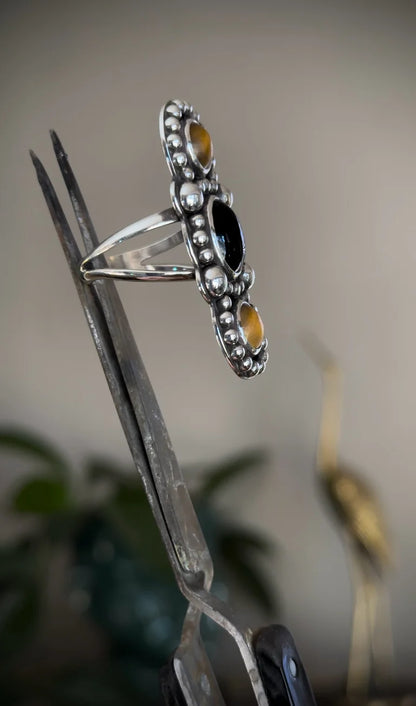 Black Onyx + Tigers Eye Cocktail Ring {size 8.5}