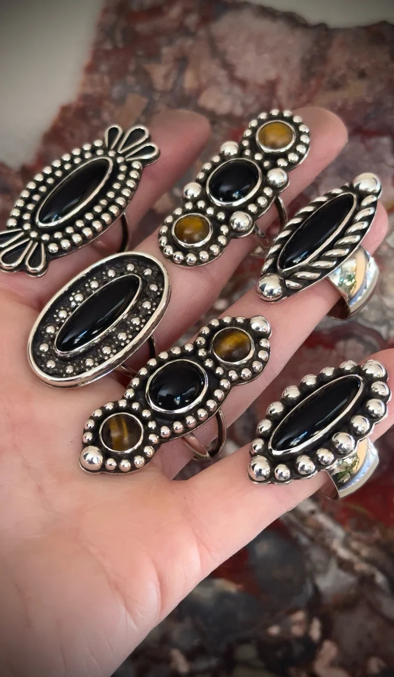 Black Onyx + Tigers Eye Cocktail Ring {size 8.5}