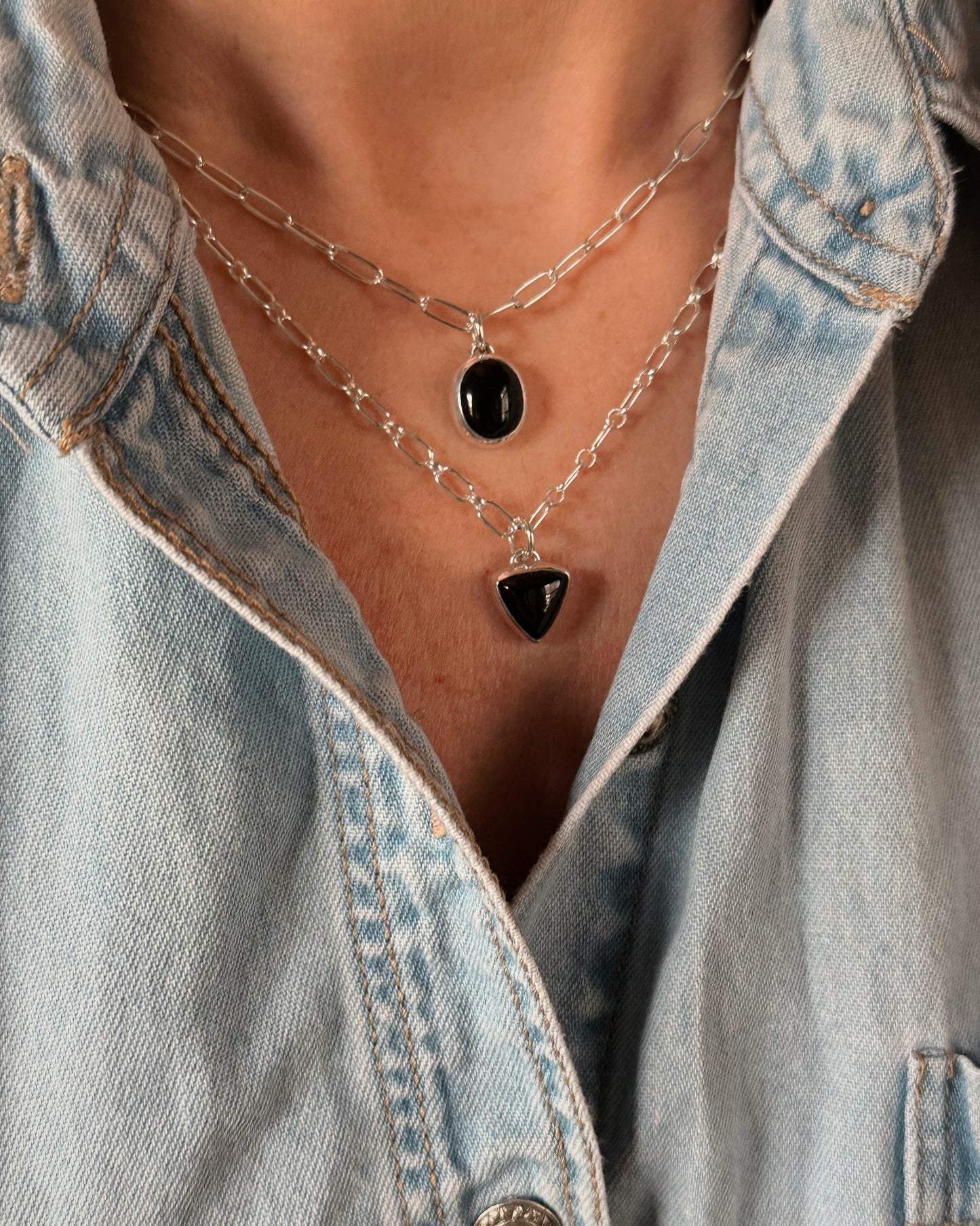 Black Onyx Charm Necklace Oval {16.25" Chain}