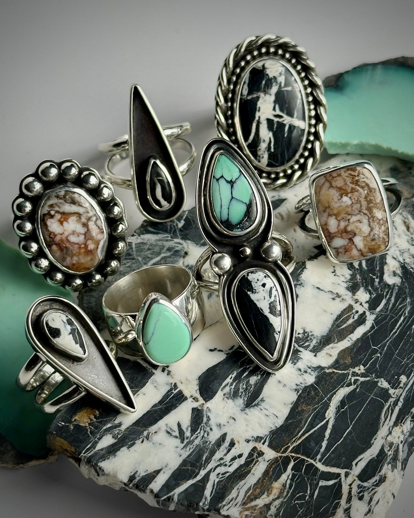 Wide Band Emerald Rose Variscite Ring {size 5.5}