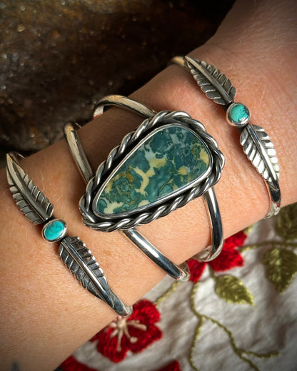 #2 Turquoise Flora Stacking Cuff {5.5" around 1" opening}