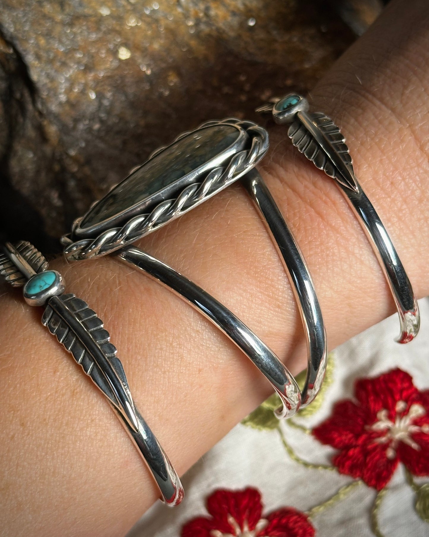 #1 Turquoise Floral Stacking Cuff {5.25" around 1" opening}